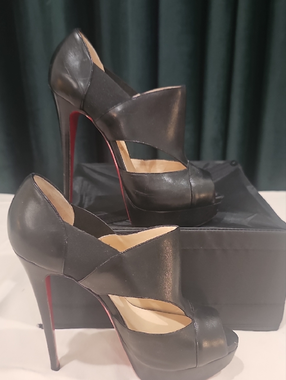 Christian Louboutin Black Leather Cutout Peep-Toe Heels